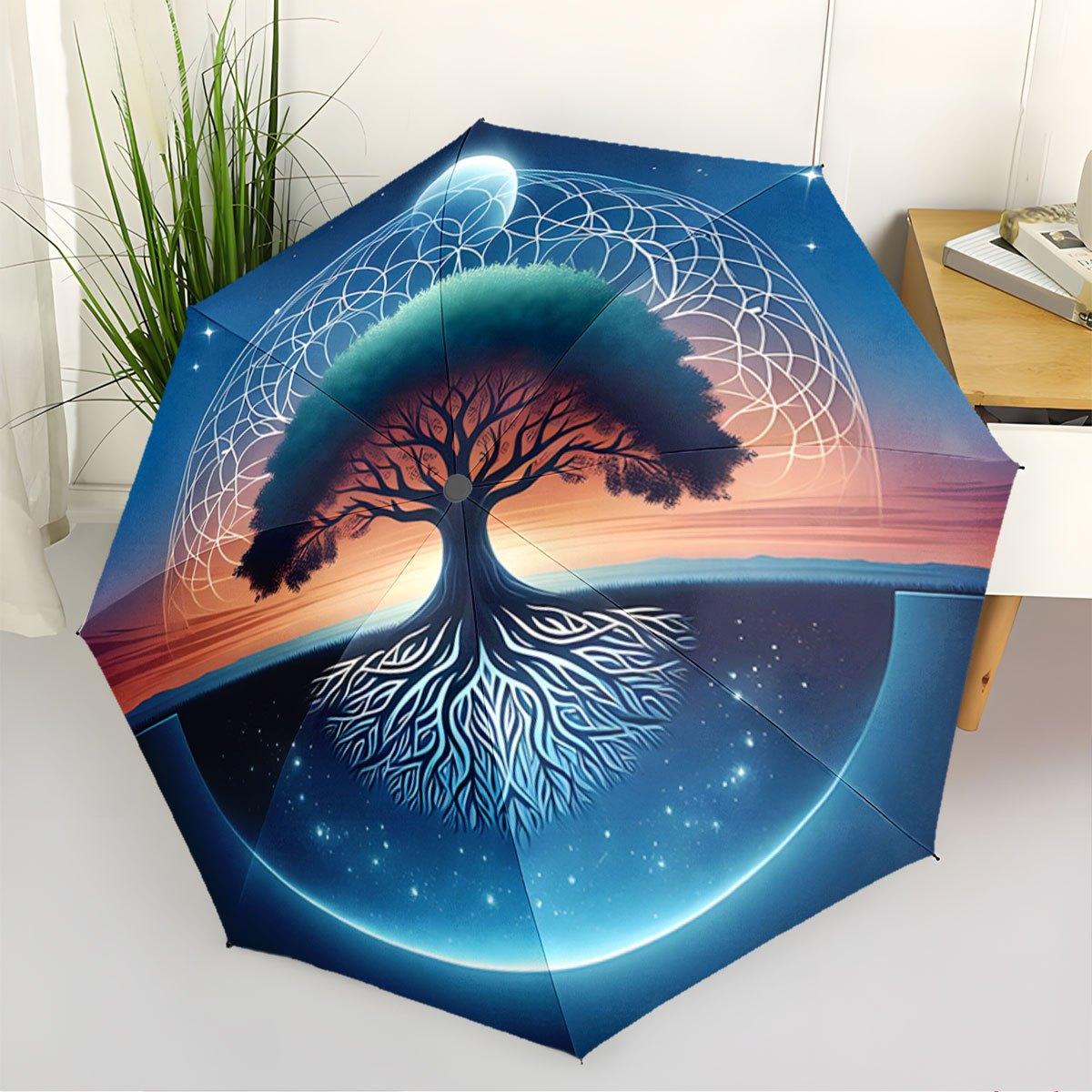 A Portable Folding Umbrella Featuring a Tree of Life Design with Cosmic Roots, Against a Backdrop of a Sunset And Stars, Perfe