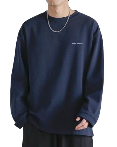 

JHIJSC Men s Long Sleeve T-Shirt, Spring, Simple, Cotton, Solid Color, Loose Fit, Stylish, Plus Size (L, Navy)