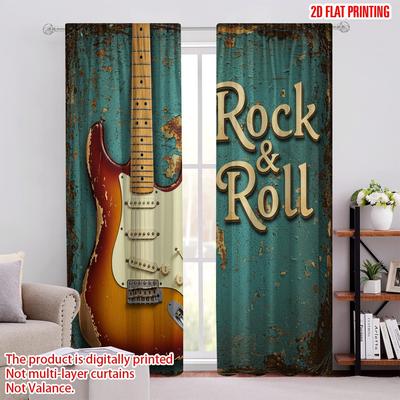2pcs,2D Plane Printing Pattern Curtains Vintage Guitar Rock Roll Polyester Woven (without Rod) Decorations Inside Ldeal for Home