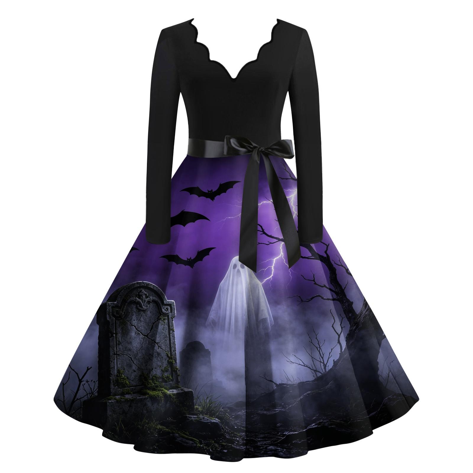 Women s Casual V-Neck Long Sleeve Halloween Print Dress M