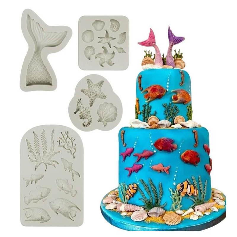 Mermaid Theme Cake Fondant Mold 3pcs Mermaid Tail Under the Sea Silicone Baking Mold forChocolate Candy Cake Decoration
