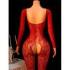 Ruby Red Enticing Sleepwear Net Net Fabric Bodystocking Female Open Gusset Style Sex Lingerie Bottoms Sensual Sleepwear One Piece Outfit Jumpsuit