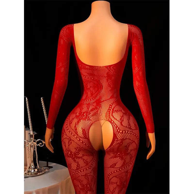 Ruby Red Enticing Sleepwear Net Net Fabric Bodystocking Female Open Gusset Style Sex Lingerie Bottoms Sensual Sleepwear One Piece Outfit Jumpsuit