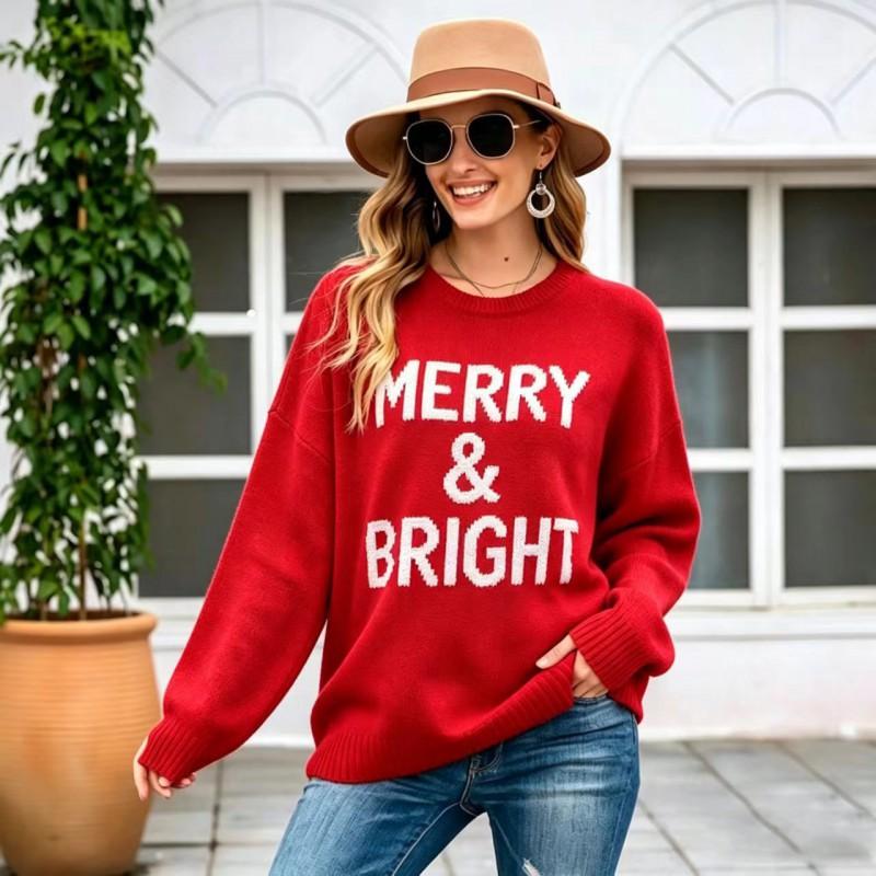 Womens Christmas Sweater Loose Fit Round Neck Knit Pullover With 3D Holiday Print Winter Casual Top
