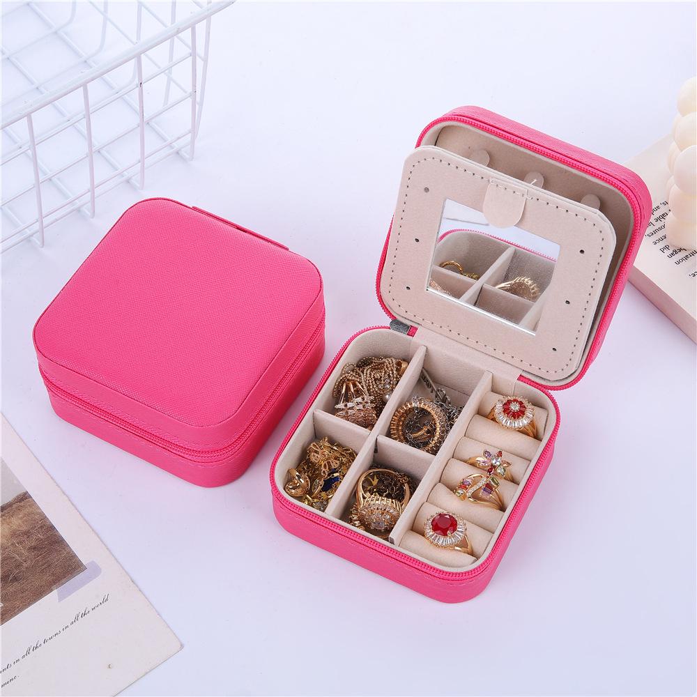 Compact Zippered Jewelry Box with Mirror – Stylish Travel Case for Rings, Earrings, and Accessories
