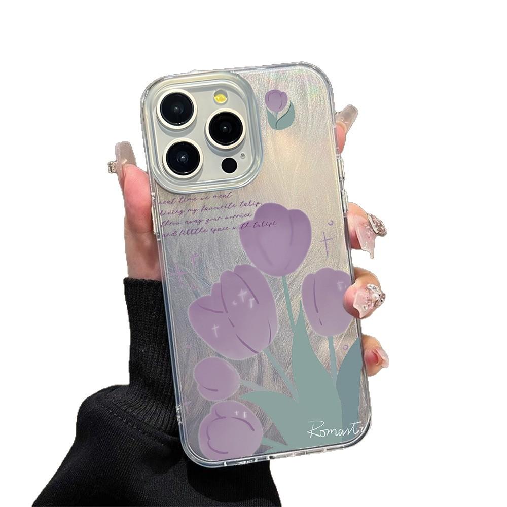 Purple tulip flower iphone15 anti-drop feather yarn mobile phone case 17air matte protective case 16pro women's model