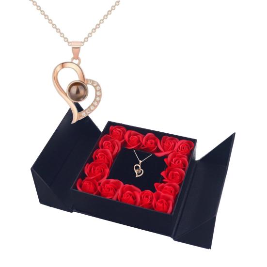 

Женское ожерелье с подарочной коробкой, подвеска в виде сердца со стразами, 100 языков, проекция «Я люблю тебя», сплав, подарок на День святого Валентина для любимого партнера