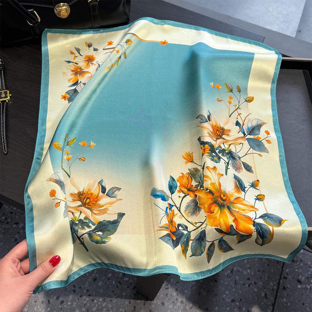 Luxury 100% Real Silk Scarf Women Gradient Floral Print Bandana Shawl Lady Neckerchief Handkerchief Female Decorative Wrap 53cm