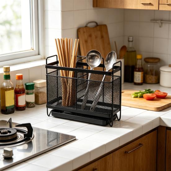 Utensil Storage Rack with Divided Compartments Organizer Drainage Holes Design Rack for Kitchen Countertop