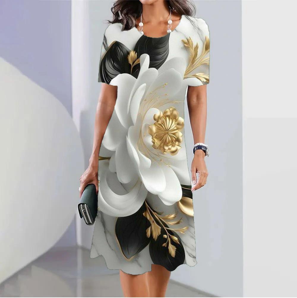 

Элегантные женские платья, женская одежда, свободный круглый вырез, пуловер, мятые цветы, короткие рукава, платье, длинное платье с 3D-принтом, новое XL