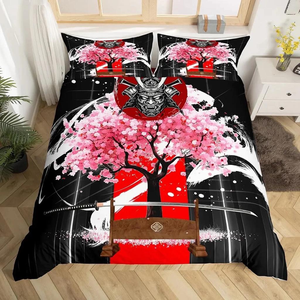 Japanese Samurai Full Size Bedding Set Cherry Blossoms Red Sun Hokusai Duvet Cover Fuji Mountain Quilt Comforter Cover