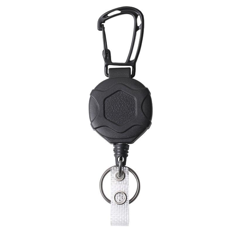 1Set Black Retractable Keychain Heavy Duty Carabiner Easy-Pull Buckle Wire Rope Badge Holder Edc Tool