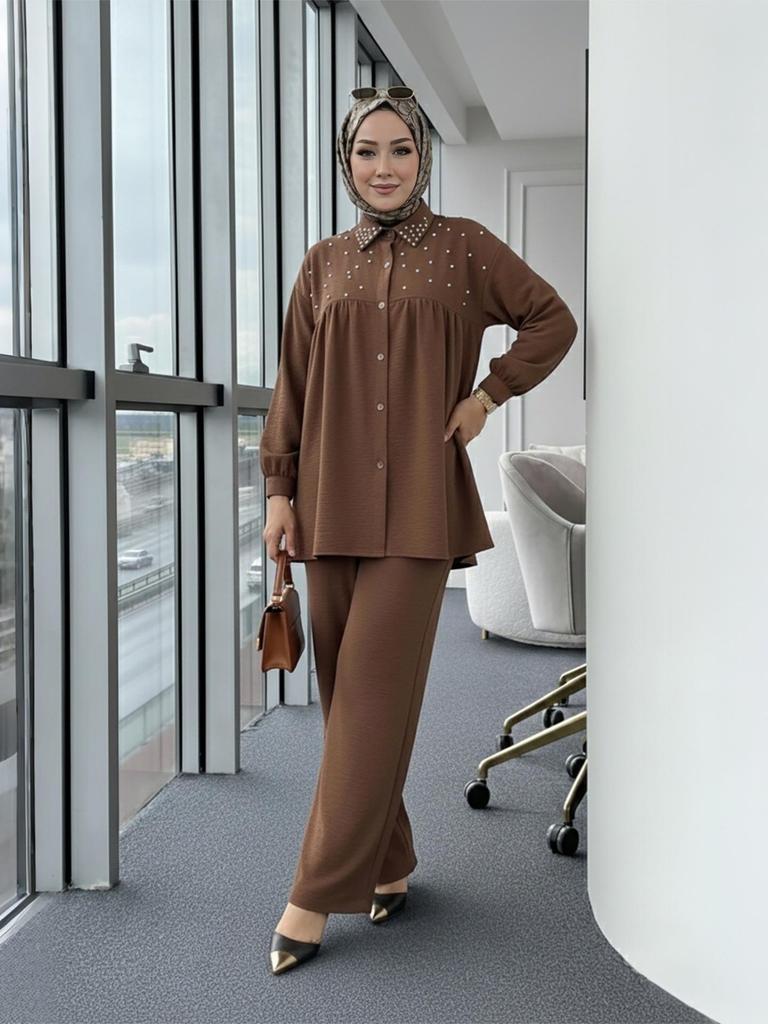 New Arrival: Beaded Long Sleeve Top & Wide Leg Pants Set - Muslim Women's Fashionable Casual Wear