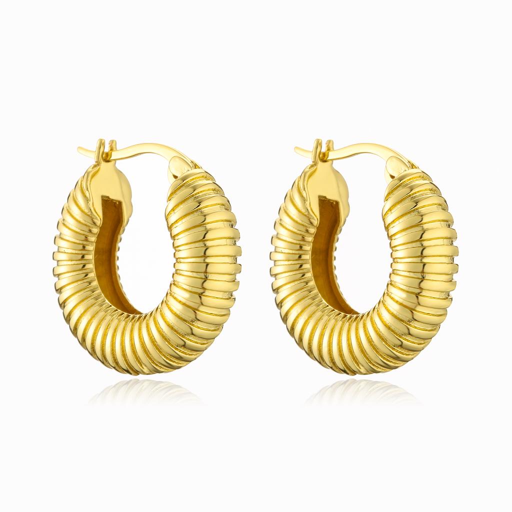 18K Gold Plated Brass Fashion Thick Round Circle Threads Textured Pearl Hoop Earrings for Women High Quality Zircon