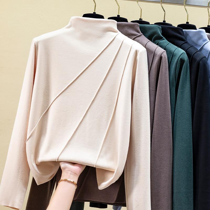 Maglia a maniche lunghe in velluto double-face a collo semi-alto per intimo da donna con t-shirt isolante in velluto tedesco e top versatile spesso e felpato