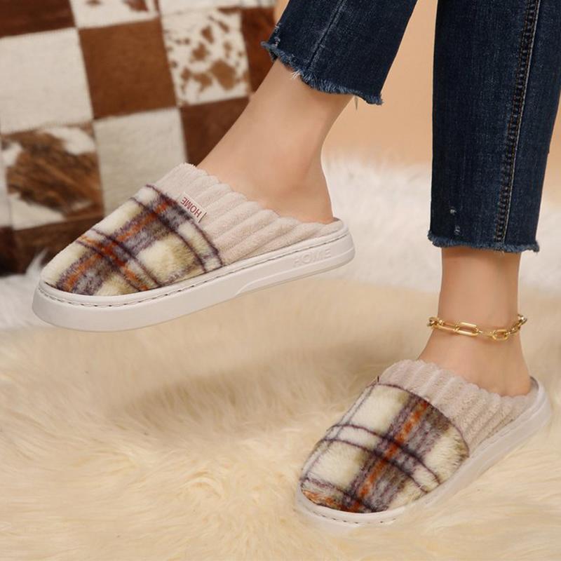 Fashion Fashion Plaid Cotton Slippers for Women Flat Heel Non Slip Cotton Slides Woman Indoor Purple Green Warm Plush Slippers Female
