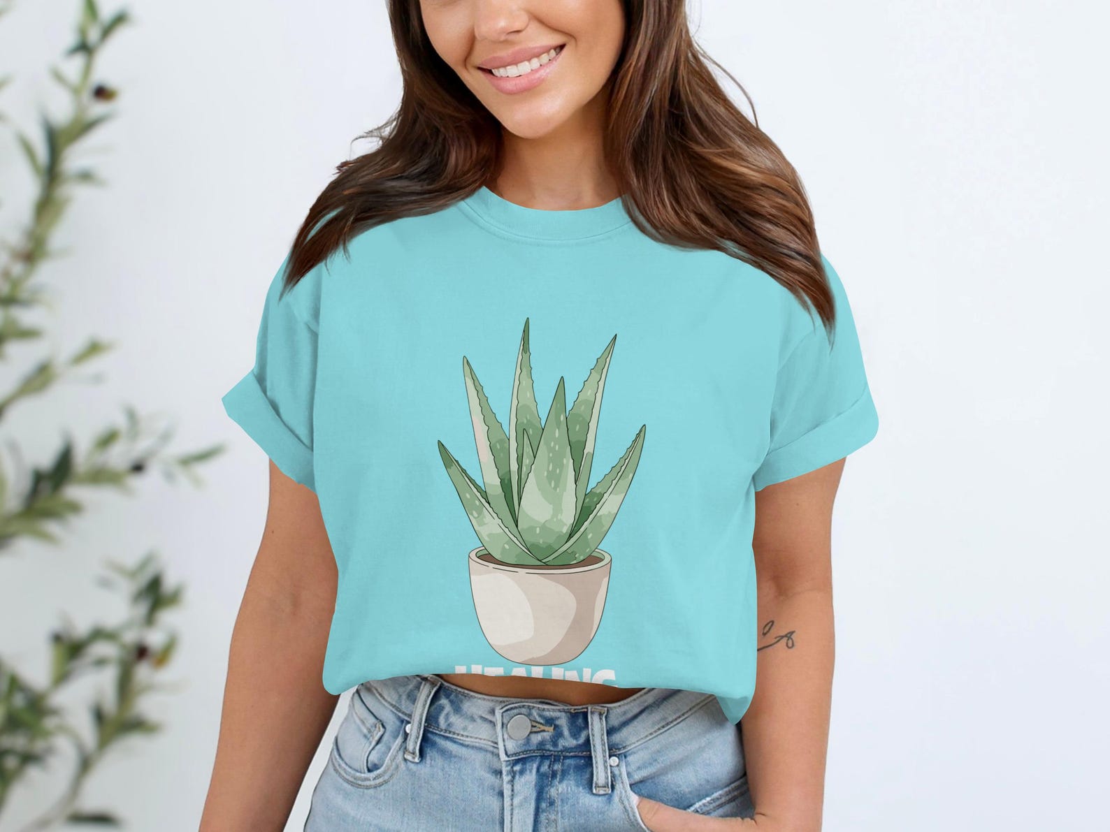 Aloe Vera Healing T-Shirt, Botanical Plant Lover Wellness Tee, Minimalist Gardener Shirt L