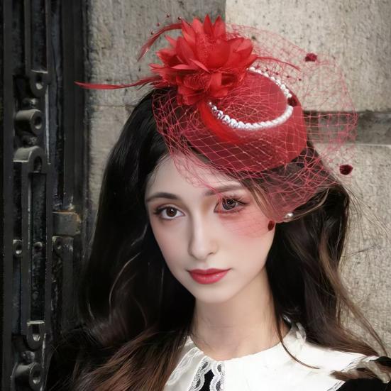 Women Fascinator Hat Feather Mesh Imitation Pearls Decor Pillbox Hat Small Top Hat Daily Party Hair Accessory