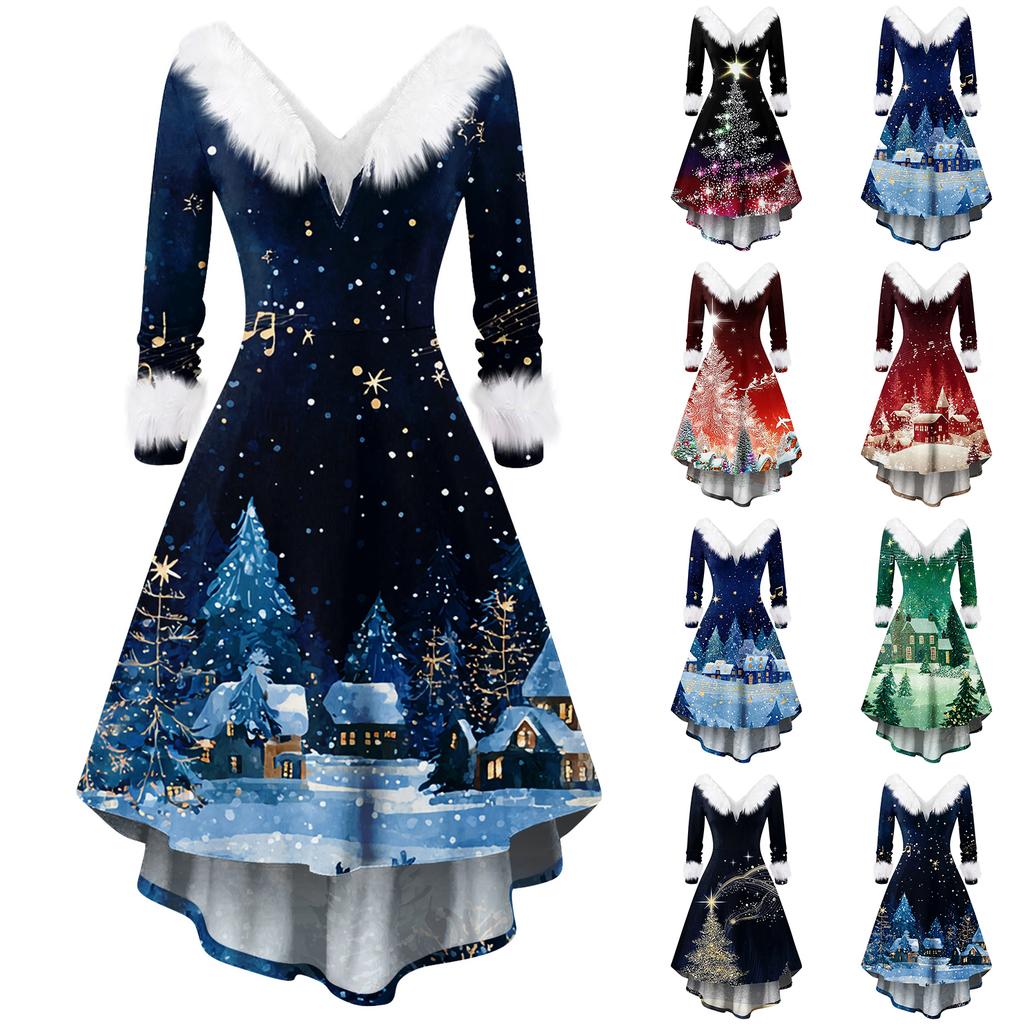 Women's Fashionable Casual Fitted Christmas Print Party Long-Sleeved Dress