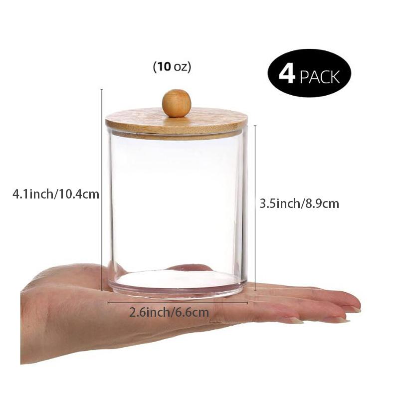 Qtip Holder Dispenser with Bamboo Lid 10 Oz Clear Plastic Apothecary Jar Containers for Vanity Makeup Organizer Storage Bathroom