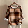 Women's Casual Three-quarter Sleeve Round Neck Gradient Color Printed Cotton And Linen Top