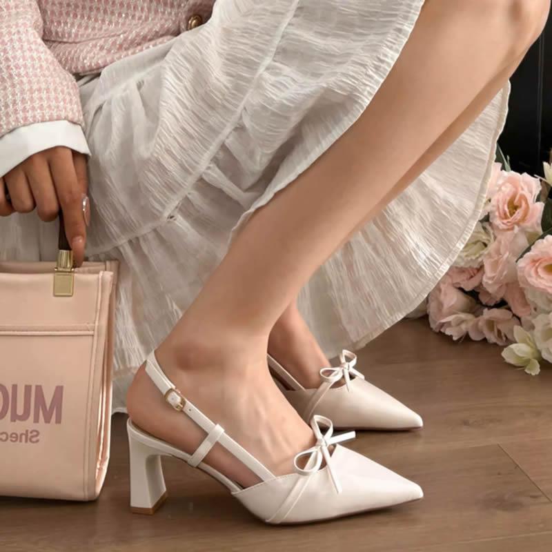 Pointed Toe Shallow Women Sandals Bow Mid Heels Shoes Fad Slingback Pumps 2025 Trend Summer Designer Party Sandalias De Mujer