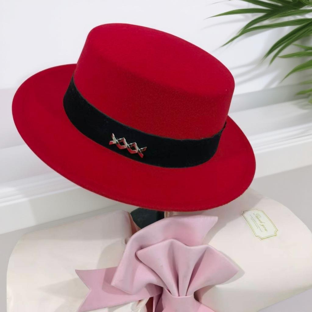 Top Hat Autumn and Winter Flat Hat French Retro Fashion Felt Hat Fashion Versatile Flat Elegant Hat Women's Winter Self-operated