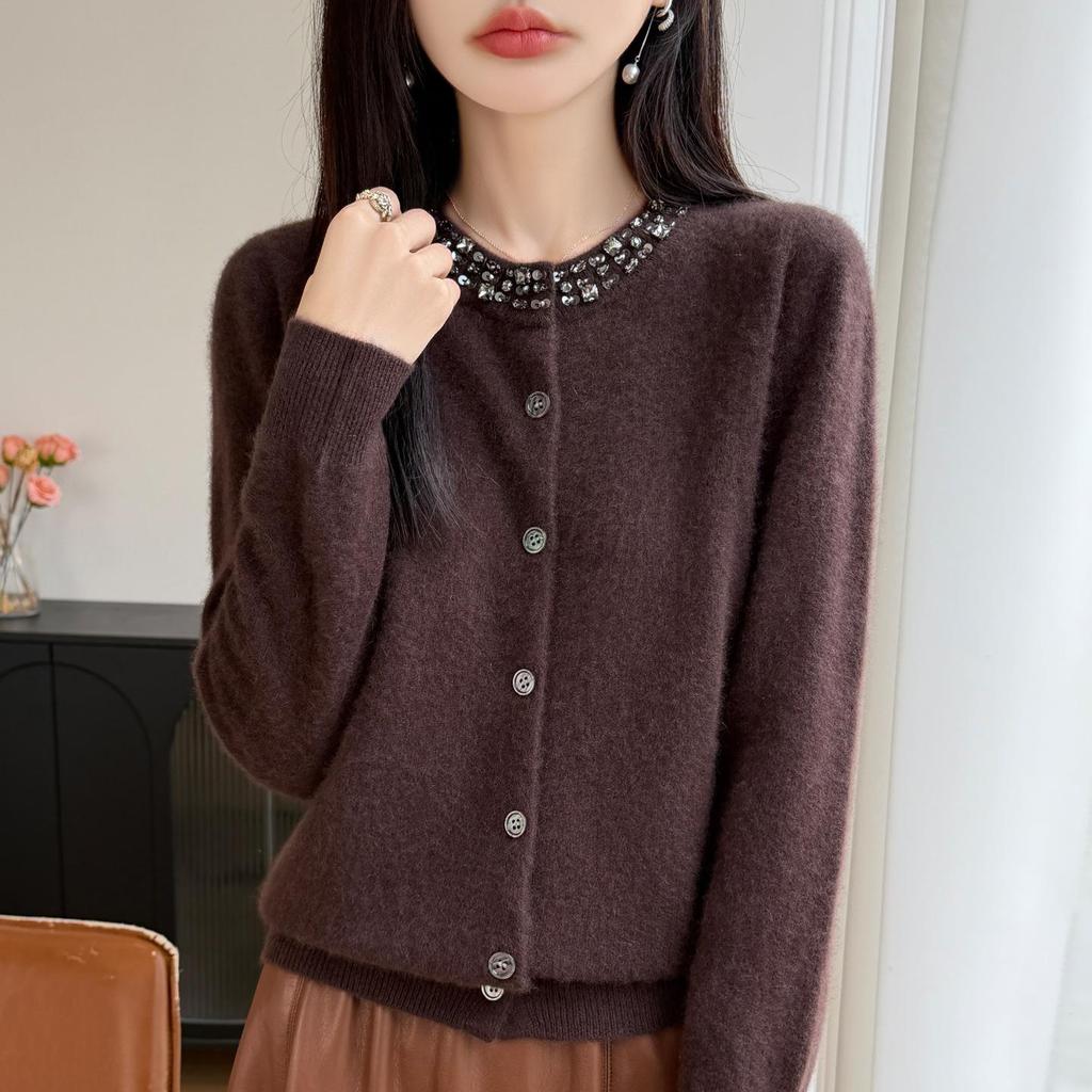 Autumn/Winter 2026 Women's Pure Wool Rhinestone Knit Cardigan - Round Neck, Long Sleeve, Solid Color