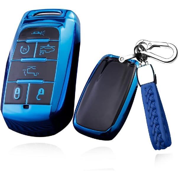 SANRILY Weiche TPU 6-Tasten Schlüsselanhängerhülle für Dodge Ram 1500 2019-2022 Vollschutz Keyless Smart Key Hülle mit Schlüsselring Blau