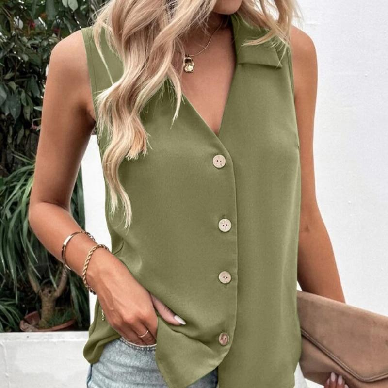 Tank Top Shirt Women Summer  Fashion Solid Color V-Neck Chiffon Shirt Sleeveless Button Blouse Loose Clothes Blusas 27987