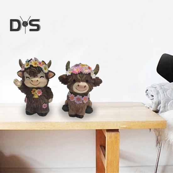 2Pcs Highland Cow Dwarf Ornaments Brown Finish Cattle Figure with Pink Flowers Bookshelf Fireplace Home Decor