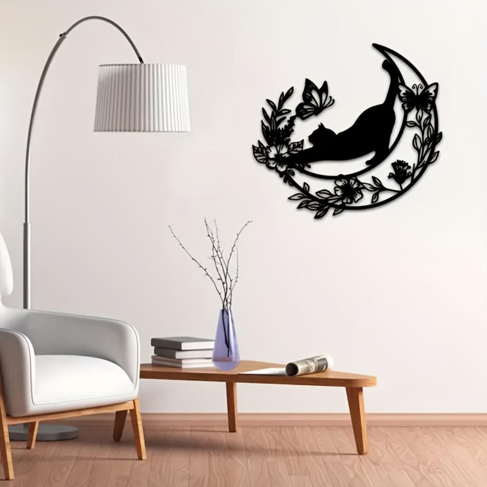 Wrought Iron Black Cat Moon Wall Decor 11.81in Metal Art Sculpture for Living Room Indoor Hanging Home Decoration