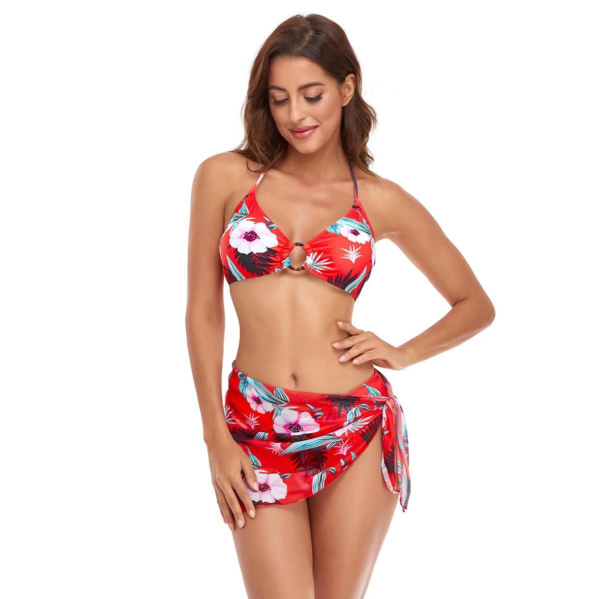 

European & American Three-Piece Printed Bikini Swimsuit: Hot Girl Style Extra Large
