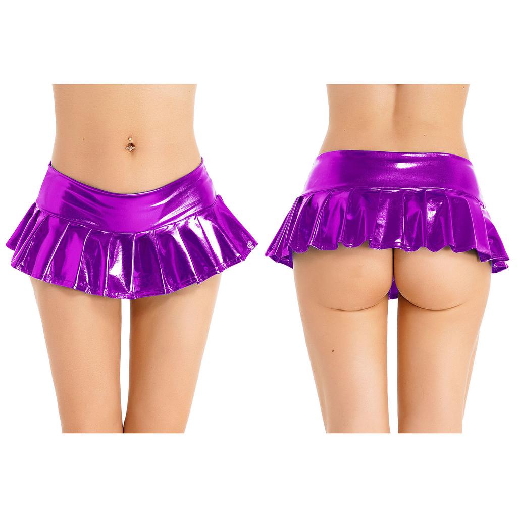 Womens Metallic Shiny Pleated Miniskirt Low Rise Skirt Nightclub Dance Performance Costume