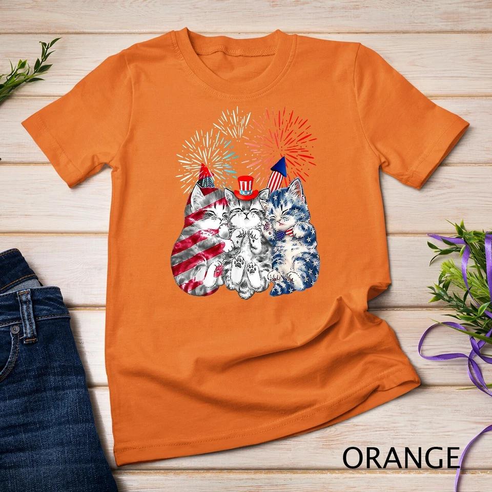 Funny Three Cat 4th Of July American Flag Patriotic Cat T-Shirt Unisex T-shirt 7 S