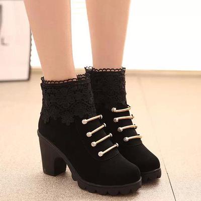 Autumn Winter Women PU Leather Round Toe Ankle Boots Sexy Lace High Heel Shoes