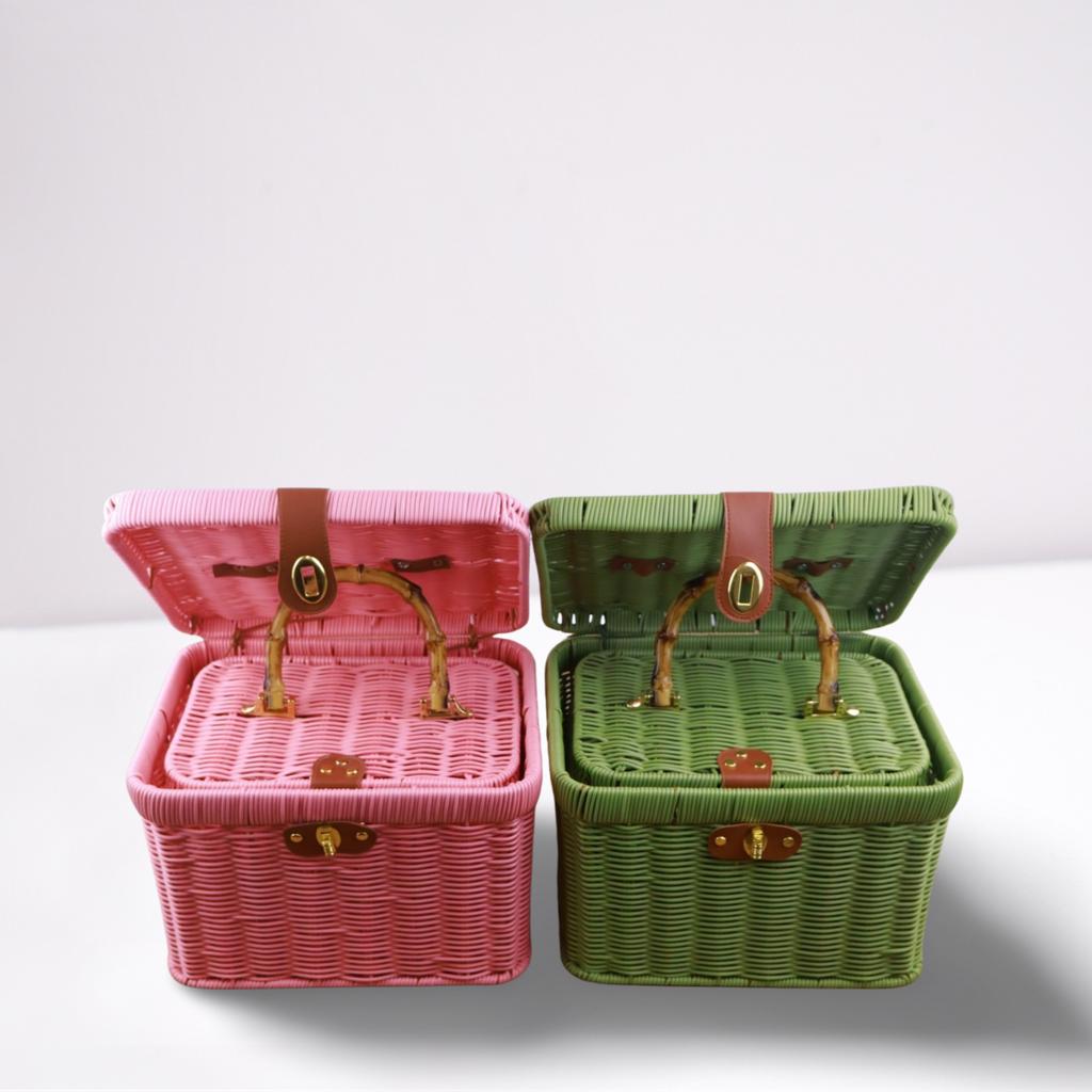 Geflochtener Rattan-Aufbewahrungskorb Vintage-Imitation Rattan-Organizer-Box für Picknick-Snacks Boho-Wohnkultur Hochzeitsgeschenke Geburtstagsgeschenk