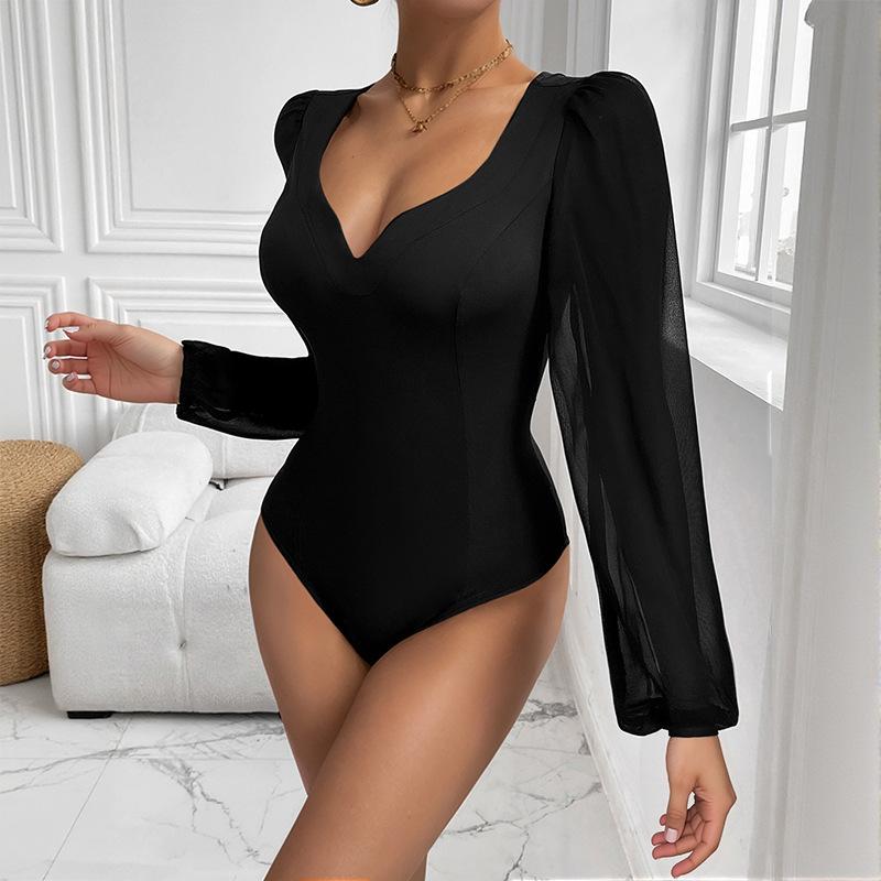 Új Szexi Négyzetnyakú Karcsúsított Egyszínű Női Hosszú Ujjú Fekete Hálós Betétes V-nyakú Jumpsuit