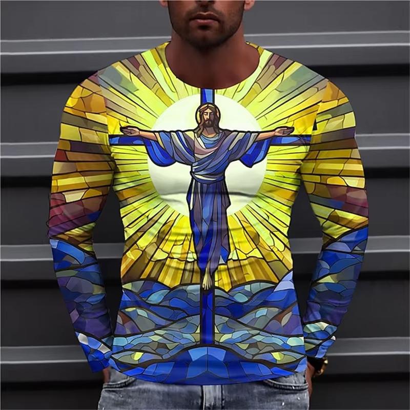 Spring and Autumn 3D Printing Virgin Mary Men's T-shirts Christian Round neck Long Sleeved Casual Tops