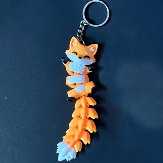 Keychain Cartoon Cat Fox Design with Metal Ring Keychain Pendant 3D Printed Movable Joints Flexible Body