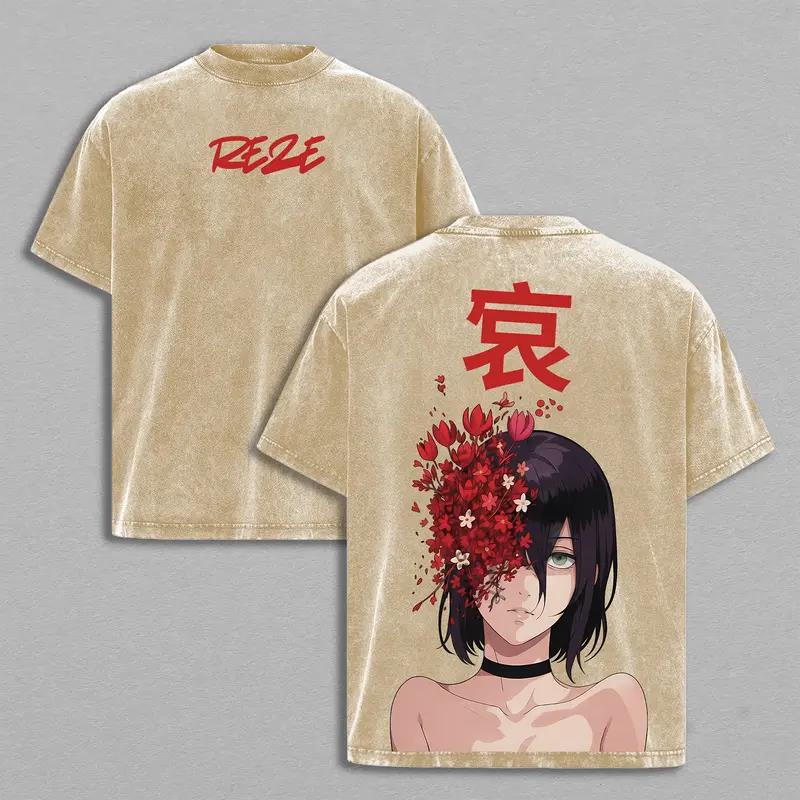 Chainsaw Man Anime T-shirt for Men Women Clothing Reze Graphic Short Sleeve Tees Tops Harajuku Cotton Washed Oversized T Shirt