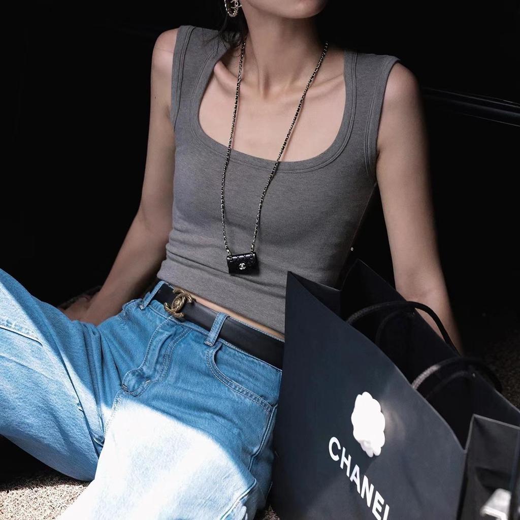 Korean Square Neck Cotton Tank Top with Fixed Cup and Chest Pad