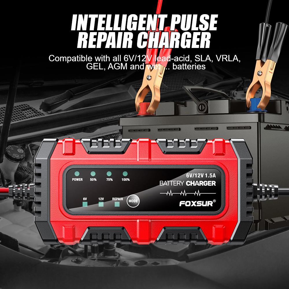 Multiple Protection Full Charge Self-stop Car Motorcycle Battery 6V/12V 1.5A Lead-Acid Battery Charger Intelligent Pulse Repair Full Intelligent
