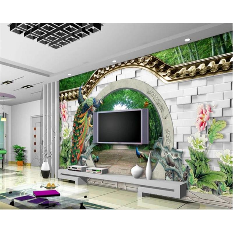 Fantasy 3d Wall Papers Spring Bamboo Forest Wall Mural Arches Brick Wall Peacock Peony Wallpaper Home Decor