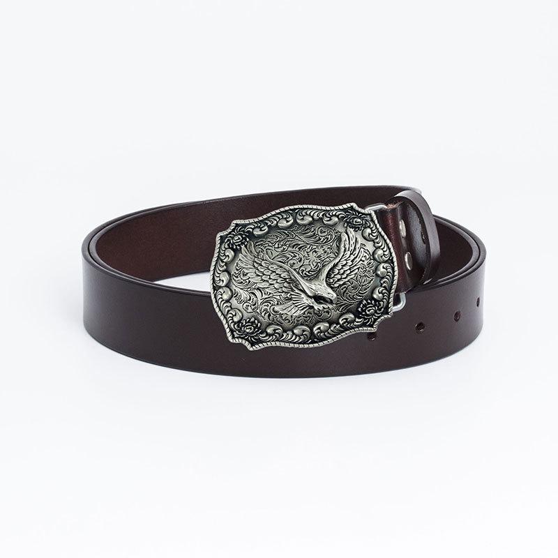 Vintage Cowhide Leather Eagle Belt - Western Cowboy Style for Youth & Stylish Guys