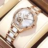 OLEVS Mechanical Automatic Pink Gold Stainless White Watch Women's Wristwatch, Winding, Ceramic, Crystal, Waterproof, Steel,