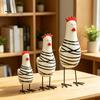 Wooden Handicraft Ornaments 3Pcs Hand-Painted Chicken Figurine Set, Cute Animal Desktop Decor with Striped Black Multi-Sized Set & White Design, Metal