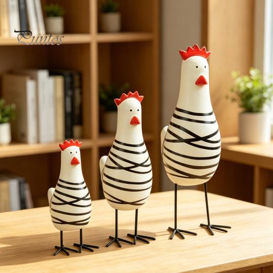 Wooden Handicraft Ornaments 3Pcs Hand-Painted Chicken Figurine Set, Cute Animal Desktop Decor with Striped Black Multi-Sized Set & White Design, Metal