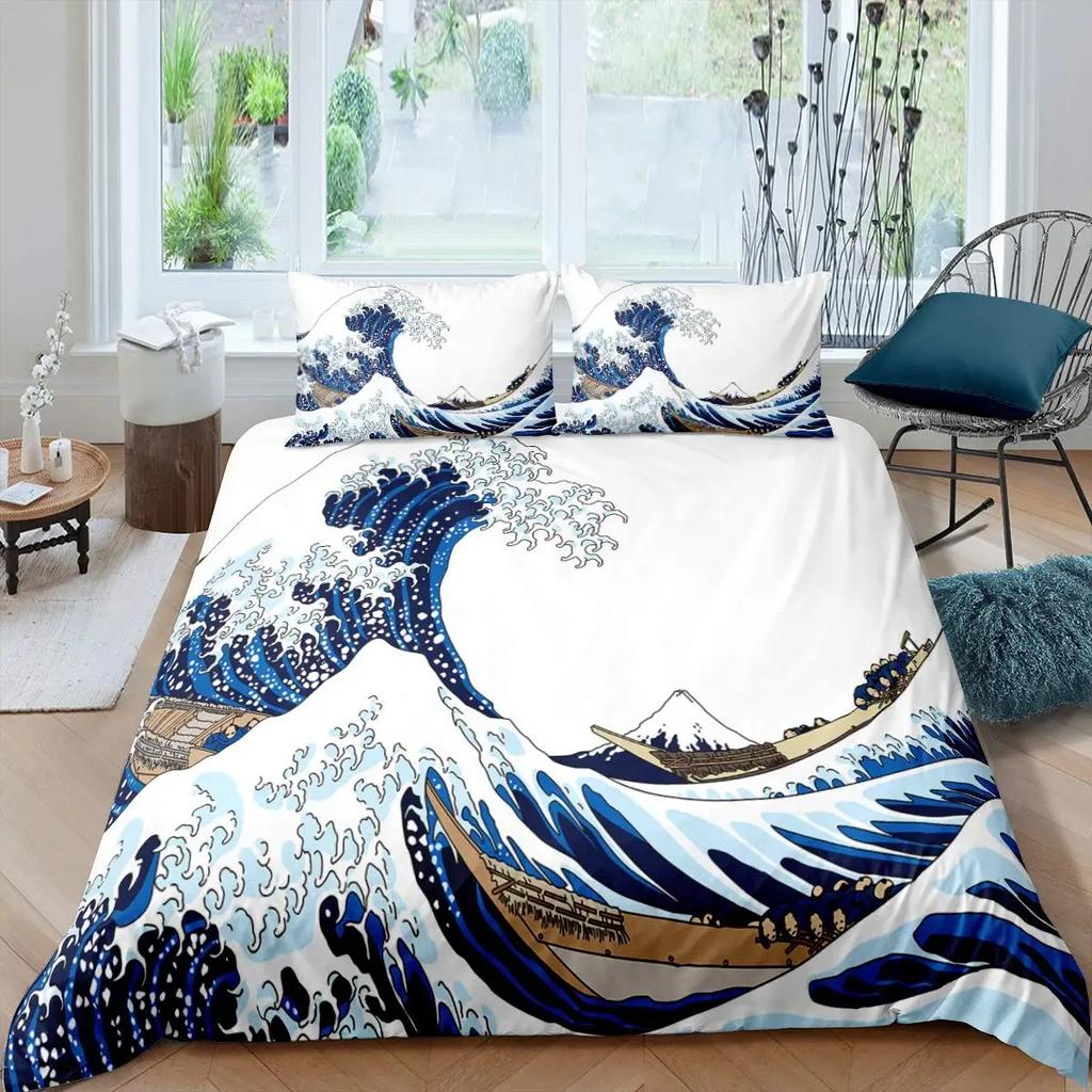 Japanese Wave King Queen Duvet Cover Blue Sea Bedding Set Maple Leaf Moon Quilt Cover Hokusai Ukiyo-E Polyester Comforter Cover