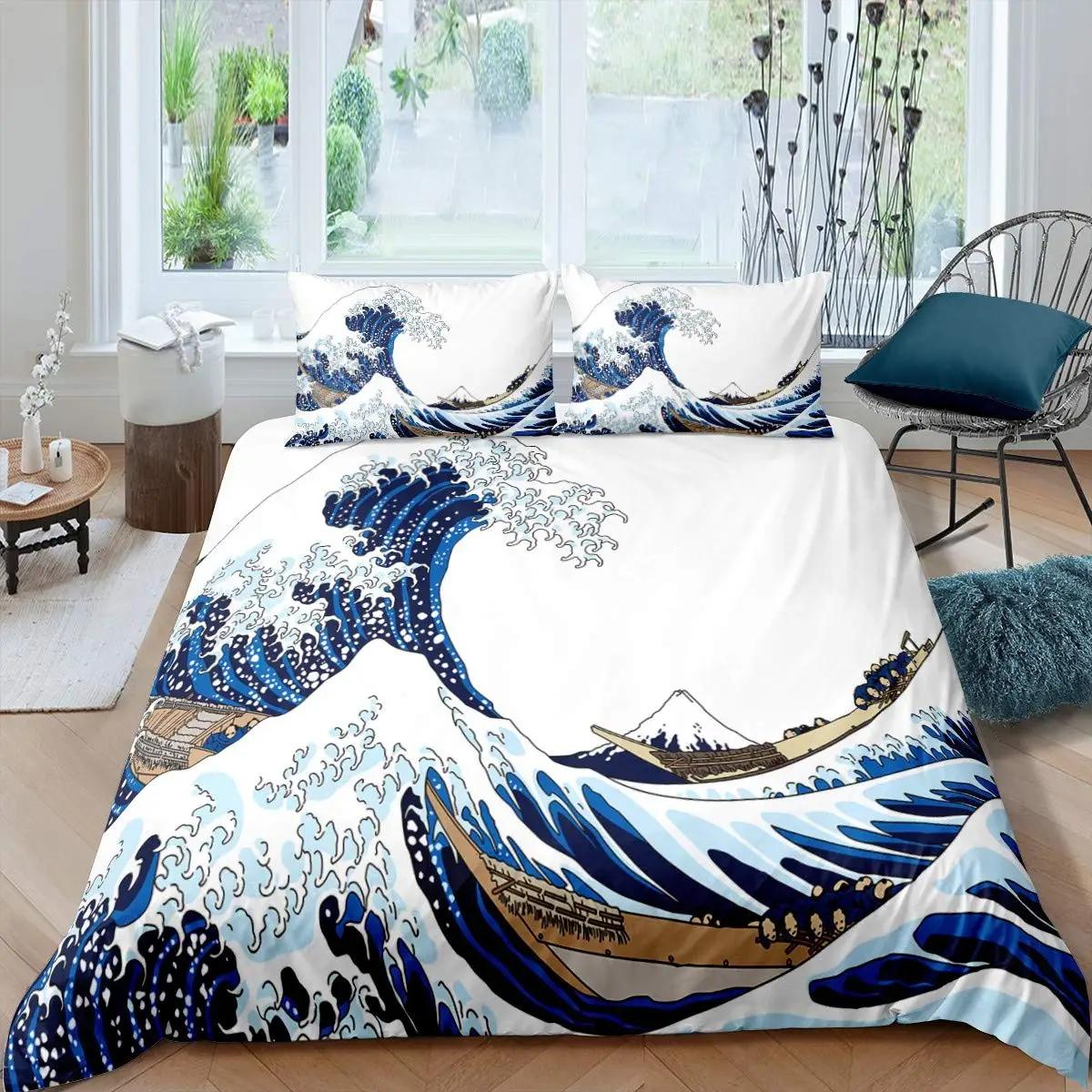 

Japanese Wave King Queen Duvet Cover Blue Sea Bedding Set Maple Leaf Moon Quilt Cover Hokusai Ukiyo-E Polyester Comforter Cover 70x133cm 2pcs